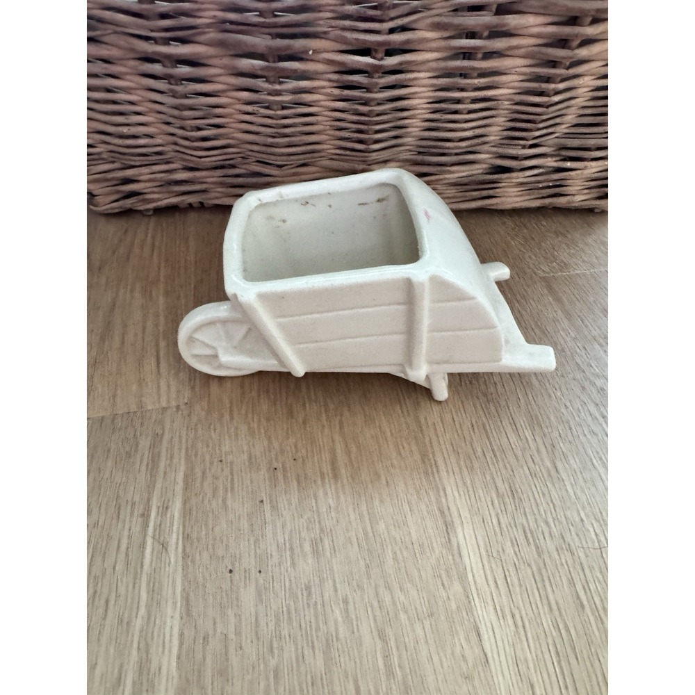 Vintage- White Stoneware Wheelbarrow Planter Cottage Farmhouse Farm Garden Cute
